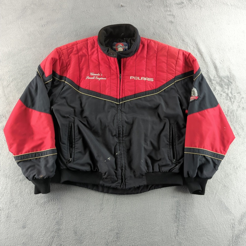 Polaris Bomber Jacket Mens Large Red Black Nylon Full Zip Coat Spellout Logo